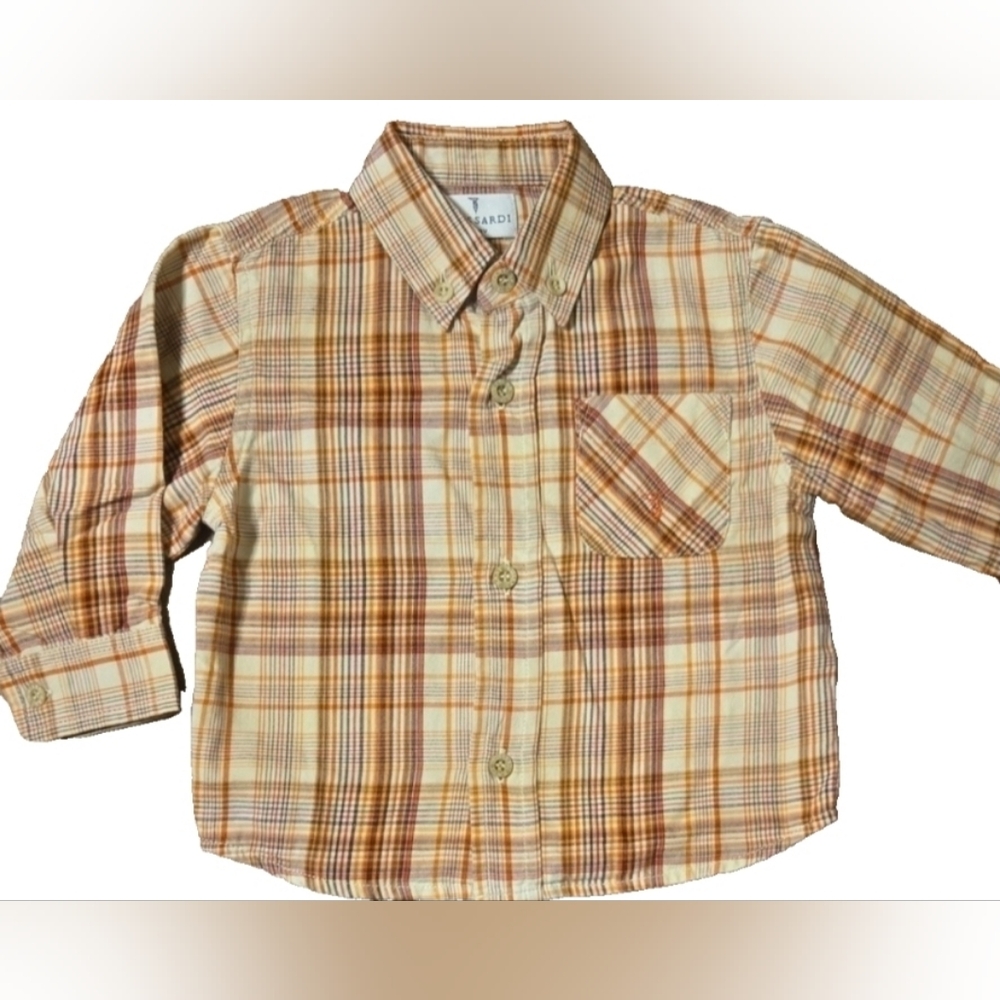 New! TRUSSARDI BABY Brown Orange Plaid Button Down Shirt Sz 0-6 Mnts ITALY 🇮🇹